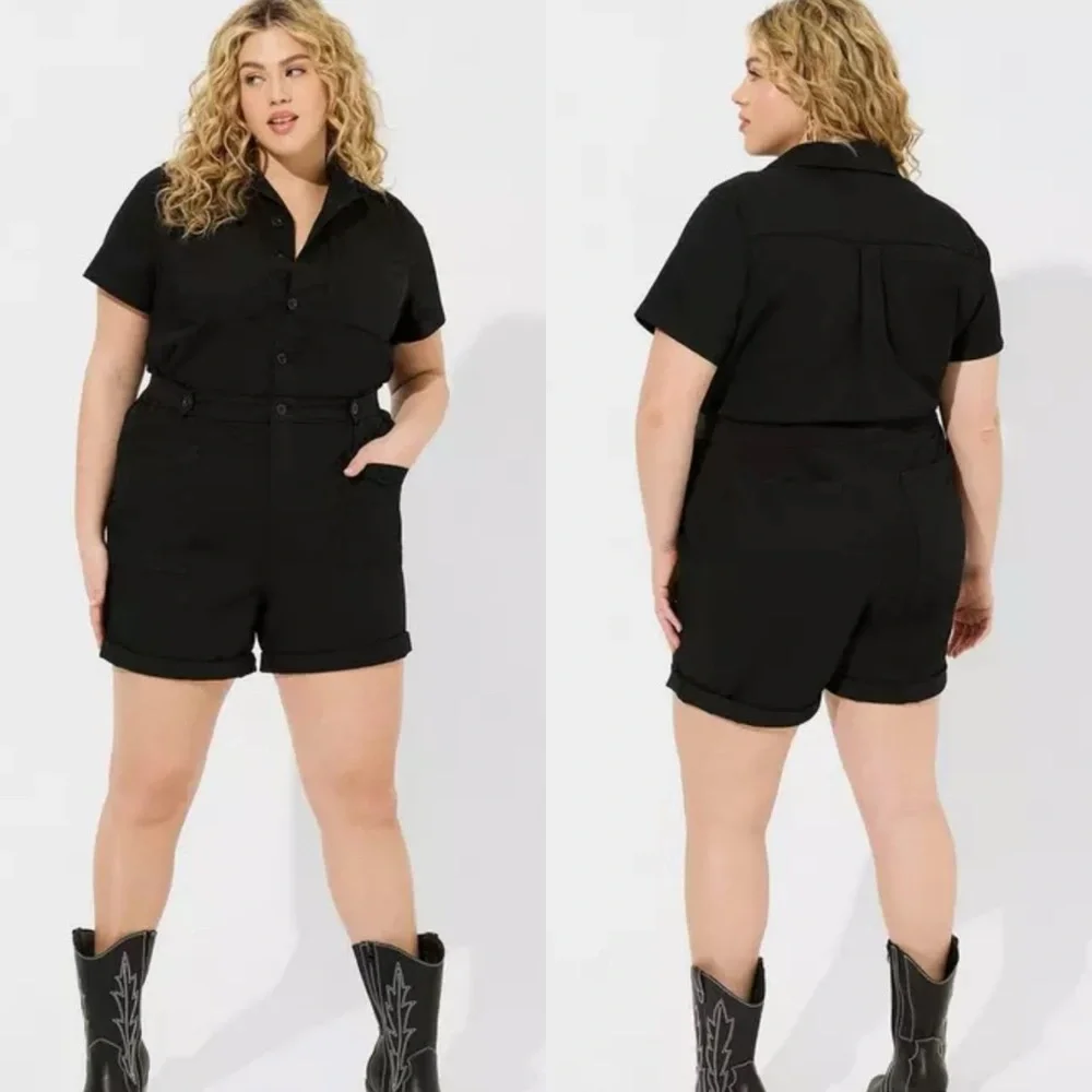 Torrid | 8 Inch Light Weight Twill Jumper Utility Romper - Picture 1 of 7